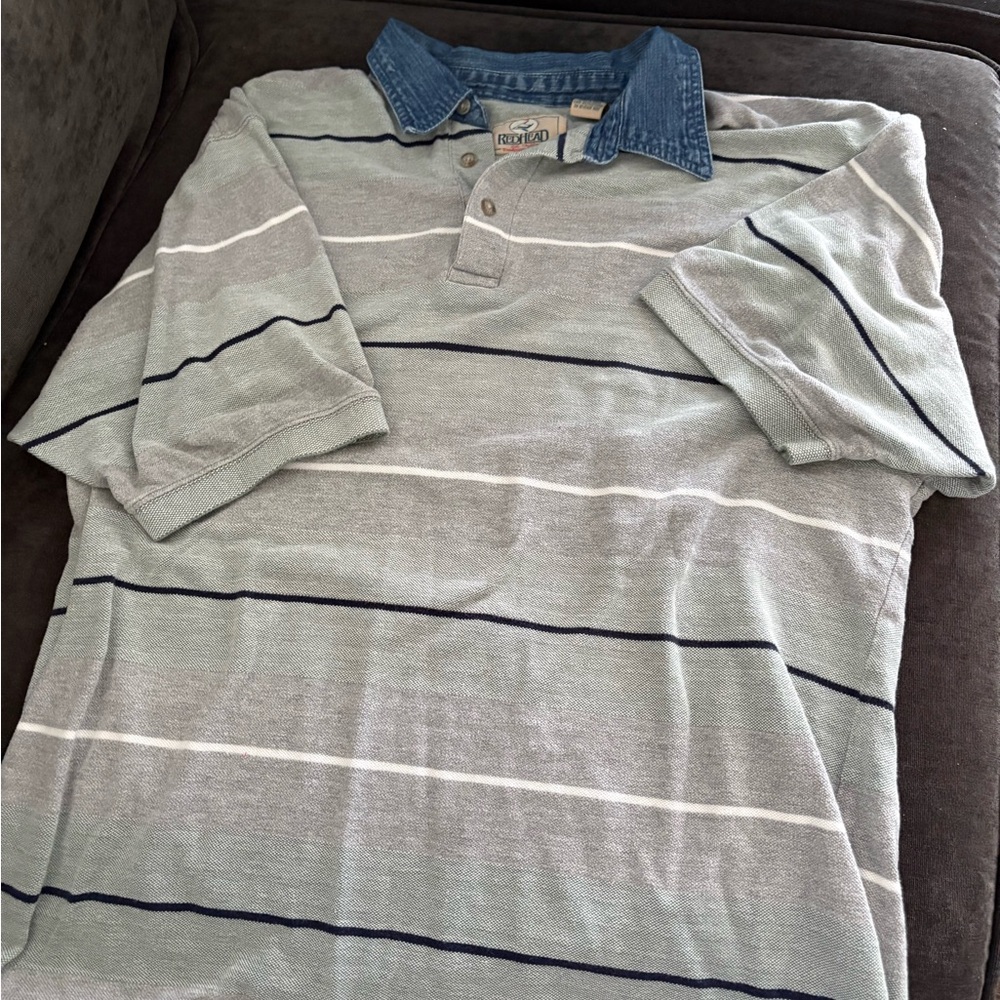 RedHead Striped Polo with Denim-Look Collar - Green & Blue